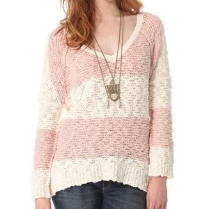Free People Pink Cream Striped Oversized Long Sleeve Chunky VNeck Cotton Sweater